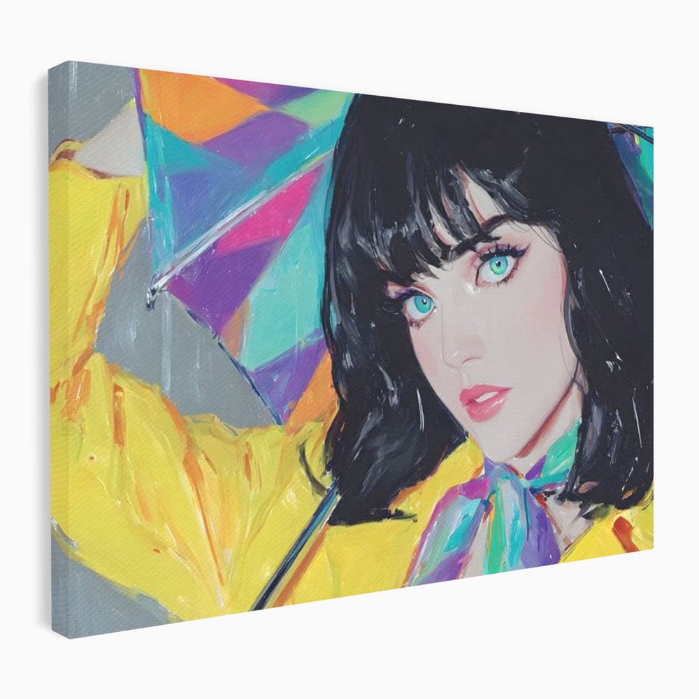 Tablou canvas cu pictura cu femeie bruneta si umbrela colorata, fara rama, pe sasiu de lemn